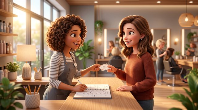 A hairstylist hands a regular client her next appointment card at the counter of a bright Canadian hair salon, the booking calendar open between them