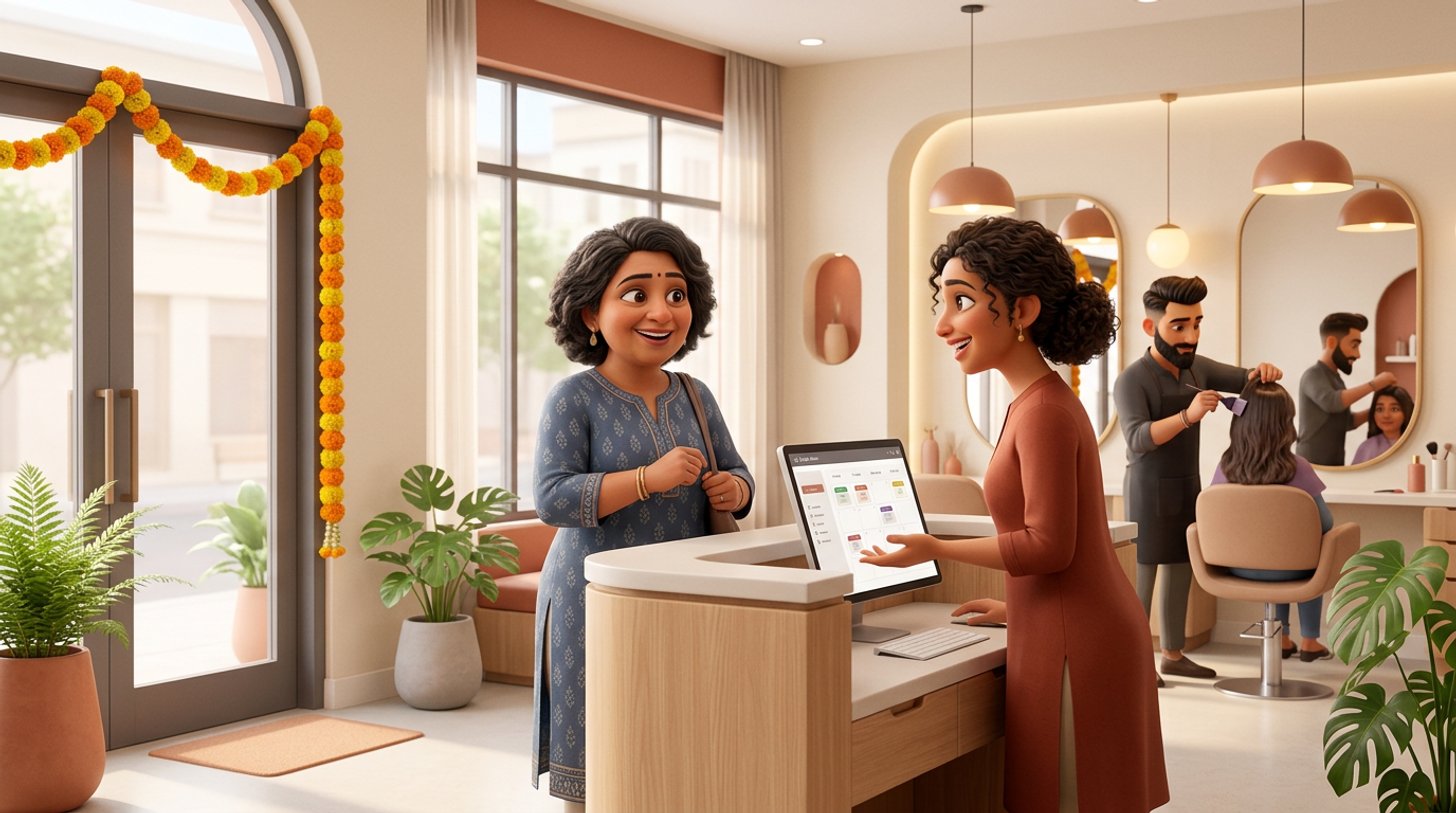 A hairdresser in a bright Indian salon welcomes back a smiling regular client at the reception desk, her open record of past colour visits on the counter screen