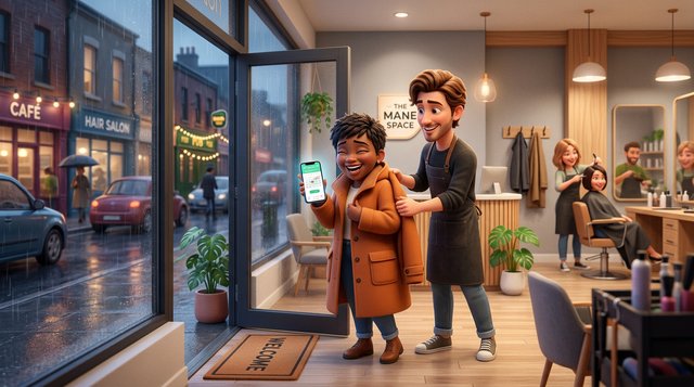 A hairdresser helps a smiling client into her coat at the door of a bright Irish hair salon while the client books her next appointment on her phone