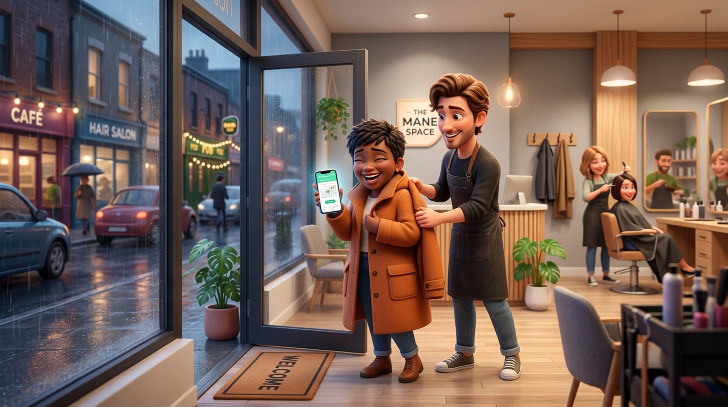 A hairdresser helps a smiling client into her coat at the door of a bright Irish hair salon while the client books her next appointment on her phone