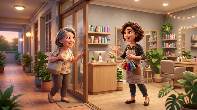 A stylist greets a regular client by name at the door of a cosy Singapore neighbourhood hair salon, holding her usual colour swatch ready