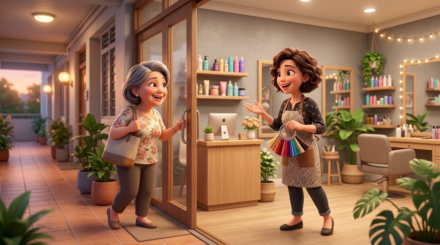 A stylist greets a regular client by name at the door of a cosy Singapore neighbourhood hair salon, holding her usual colour swatch ready