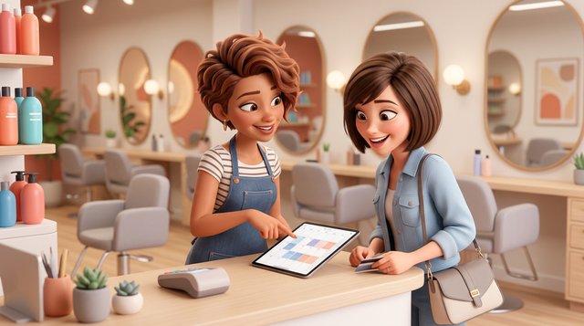 A stylist smiles with a happy client at the checkout counter of a bright American hair salon, pointing at the open appointment calendar between them