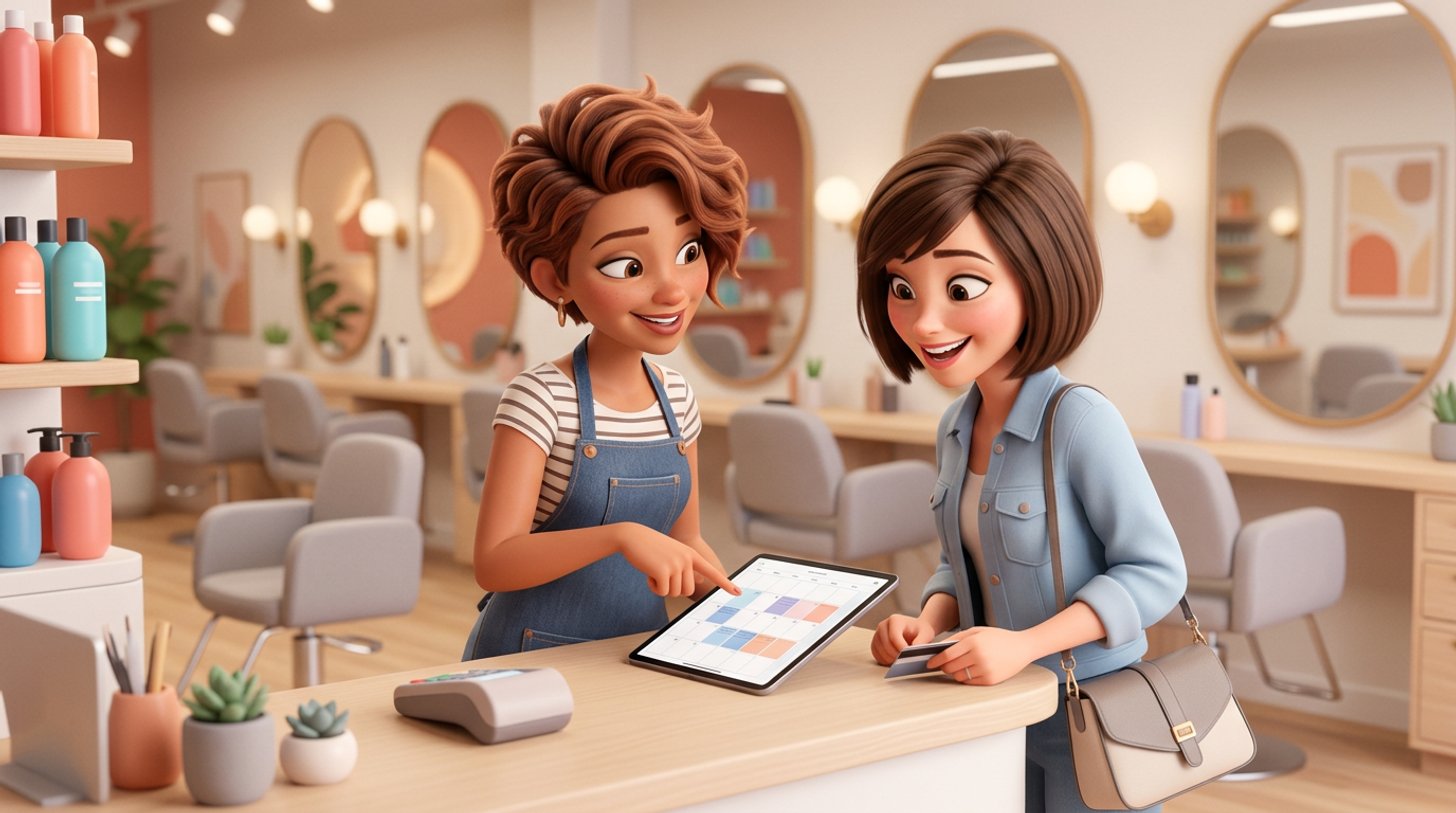 A stylist smiles with a happy client at the checkout counter of a bright American hair salon, pointing at the open appointment calendar between them