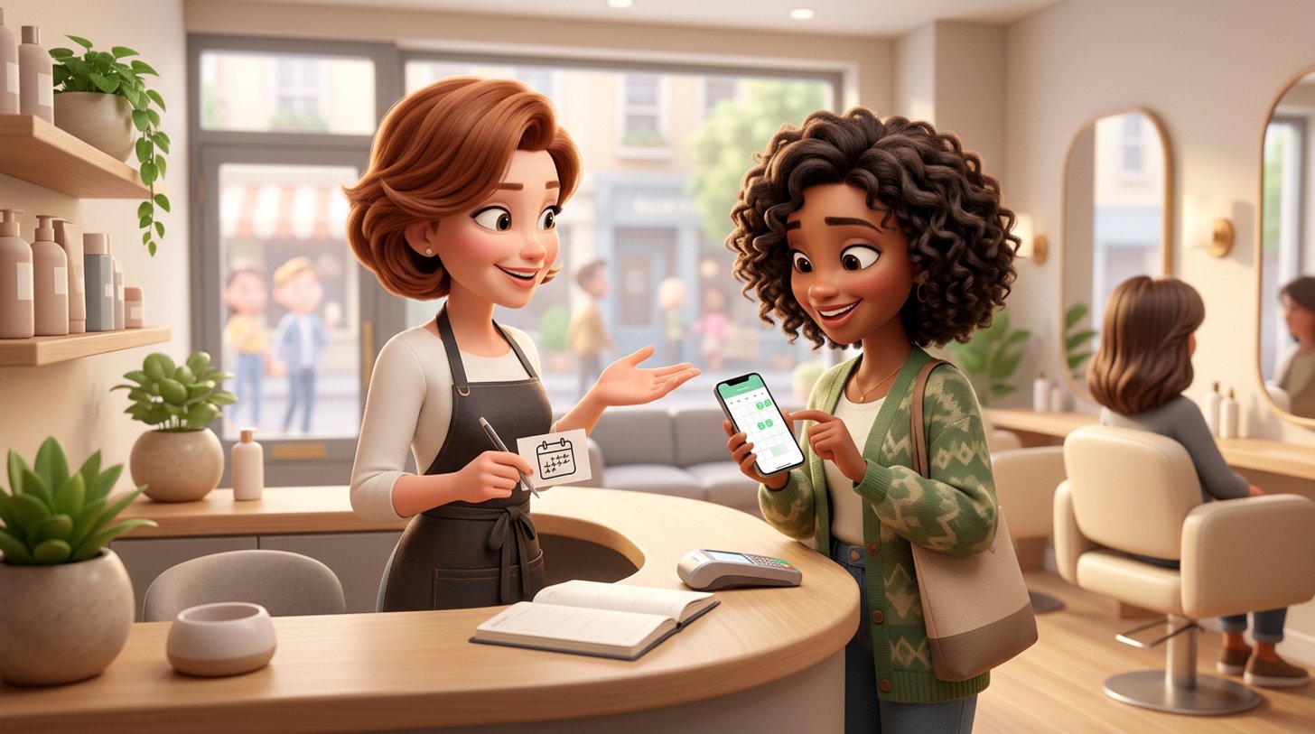 A hairdresser warmly welcomes a regular client at the reception desk of a bright hair salon, the appointment diary open on the counter
