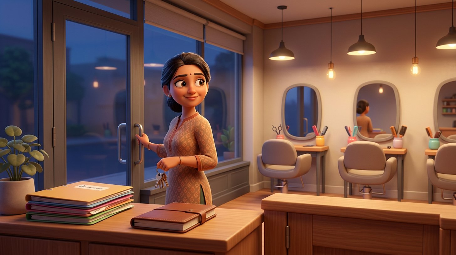 An Indian hair salon owner at the glass door of her tidy salon at dusk, keys in hand, looking back at the empty styling chairs, a stack of labelled folders and a closed ledger on the reception counter