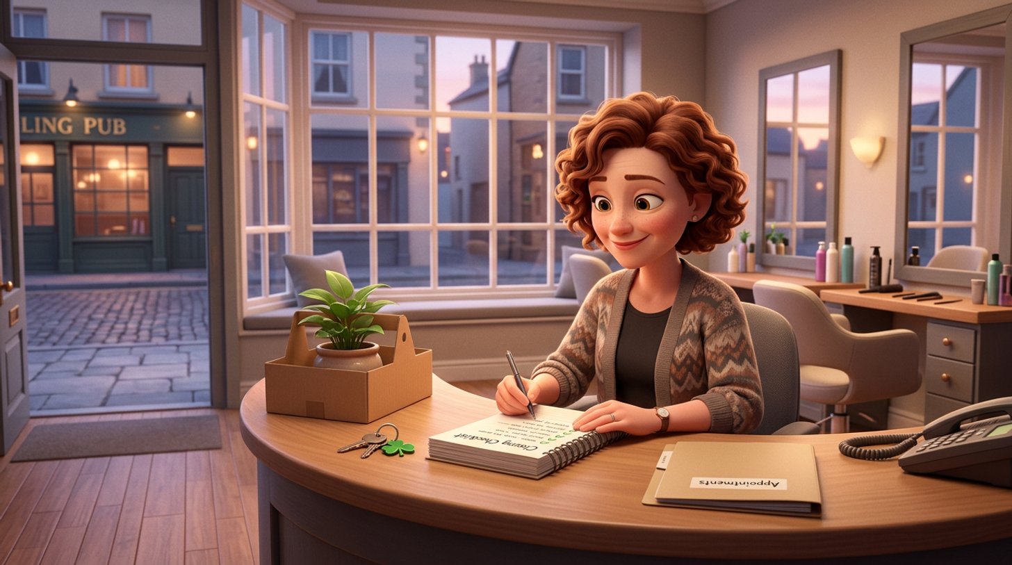 A hair salon owner sits at her reception desk in the evening, working through a closing checklist beside her keys, a folder of documents and a boxed-up plant, the empty styling chairs behind her