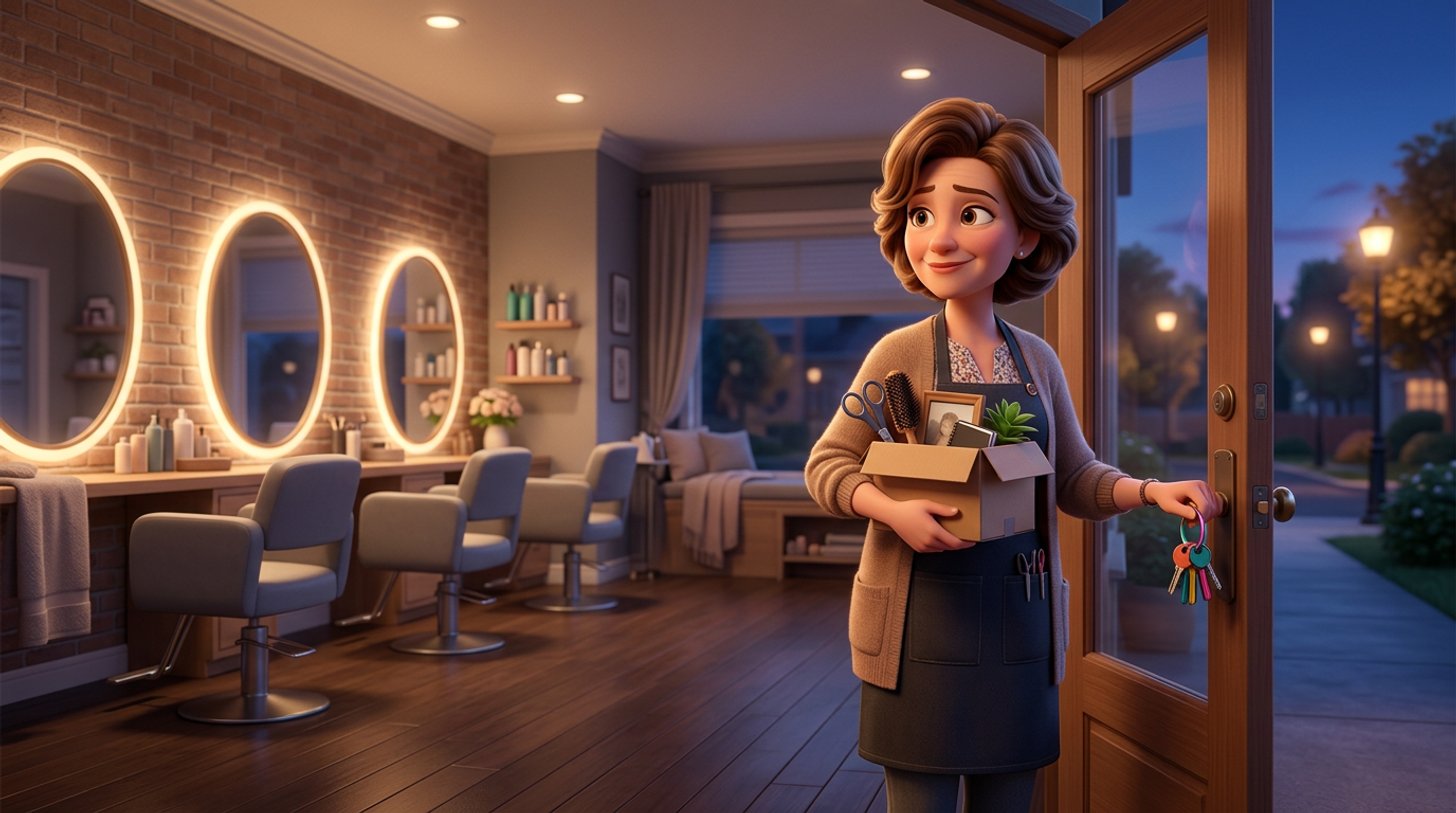 A hair salon owner at the door of her tidy, dimly lit salon at dusk, holding a box of belongings and her keys, looking back calmly at the empty styling chairs
