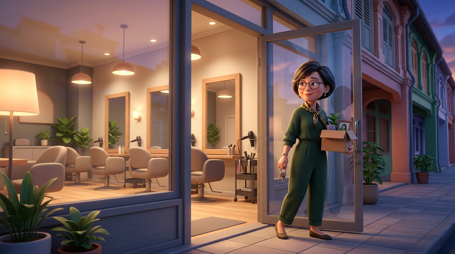 A Singapore salon owner stands at the glass door of her tidy, dimly lit salon in a shophouse row at dusk, keys in hand, looking back calmly at the empty styling chairs
