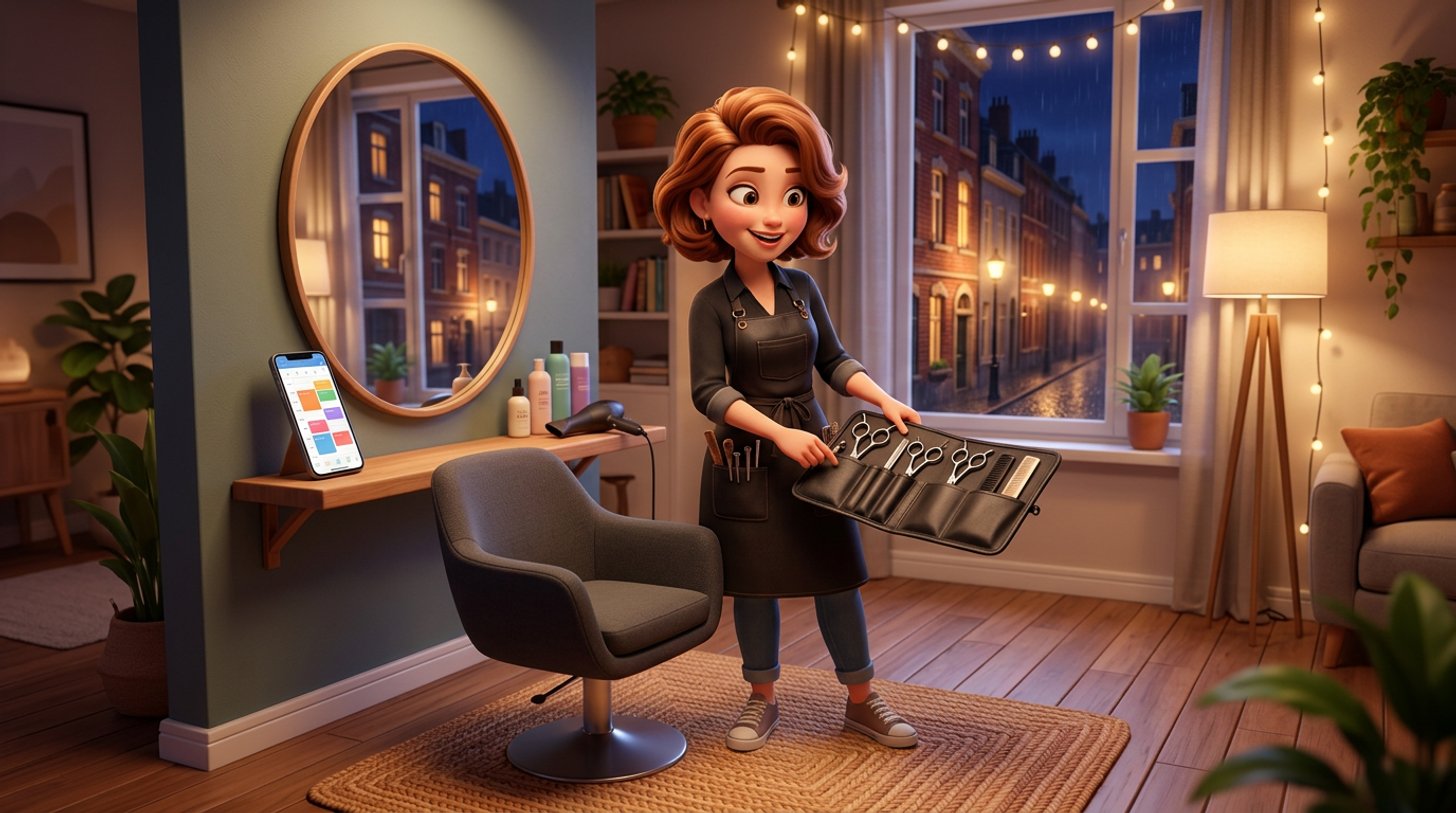 Illustration d'une coiffeuse installant le soir son poste de coiffure dans un coin aménagé de son appartement, son GSM affichant un agenda de rendez-vous