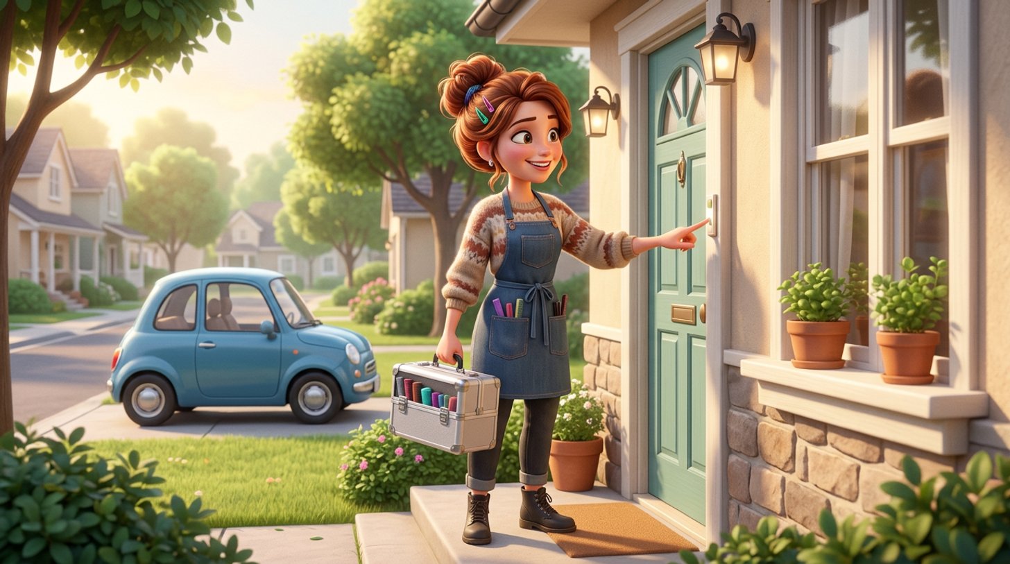 Une coiffeuse souriante, mallette professionnelle à la main, sonne à la porte d'une maison, sa voiture garée dans la rue derrière elle