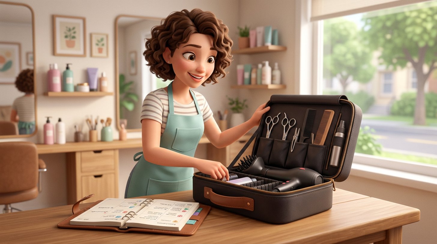 Illustration d'une coiffeuse indépendante préparant sa mallette de matériel professionnel avant une tournée à domicile