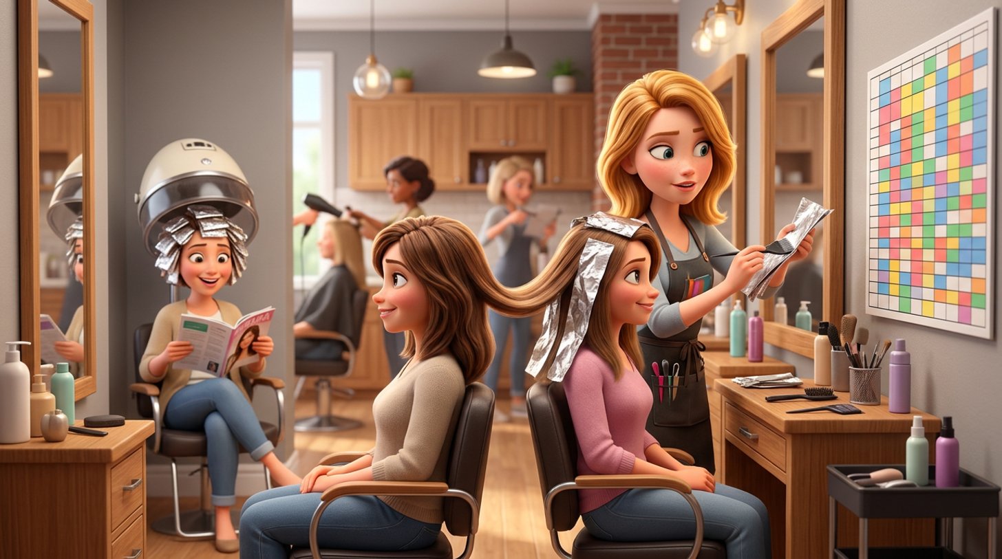 A colorist applies foil highlights while checking a wall planner of color-coded time blocks, a second client with foils waiting under a dryer in a bright American hair salon