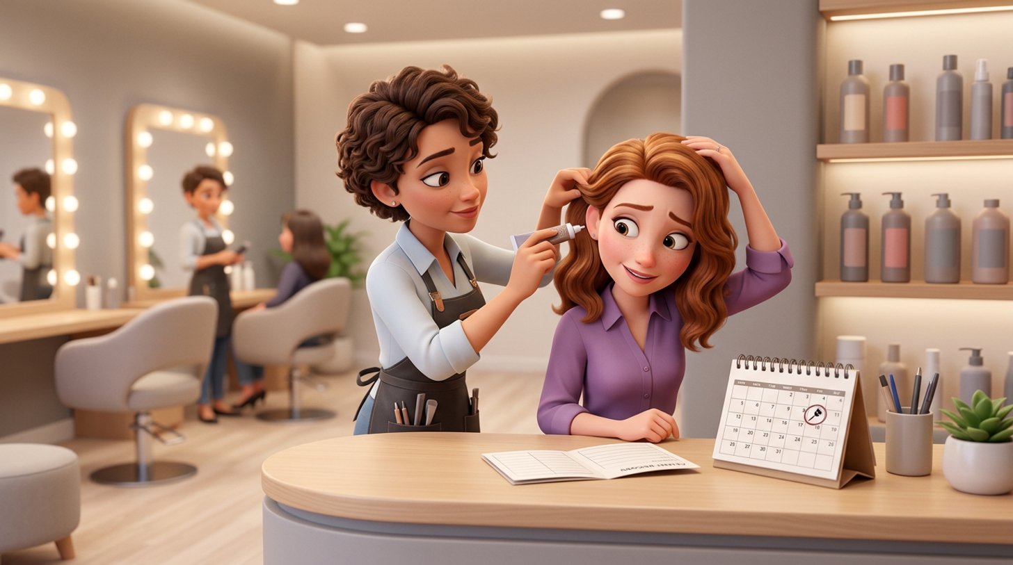 A hairdresser applies a small dab of hair colour behind a new client's ear at the reception desk of an Irish salon, with a client record card and a calendar marking the colour appointment two days later