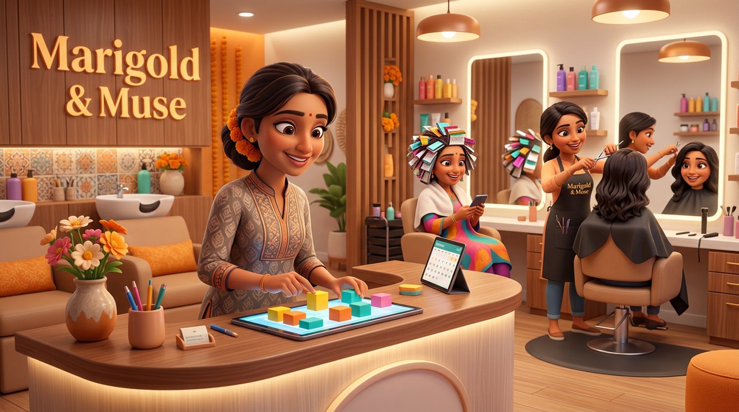 An Indian hair salon owner adjusts colour-coded appointment blocks on a tablet at the reception desk while a client with colour developing reads her phone and a stylist trims a regular at the next chair