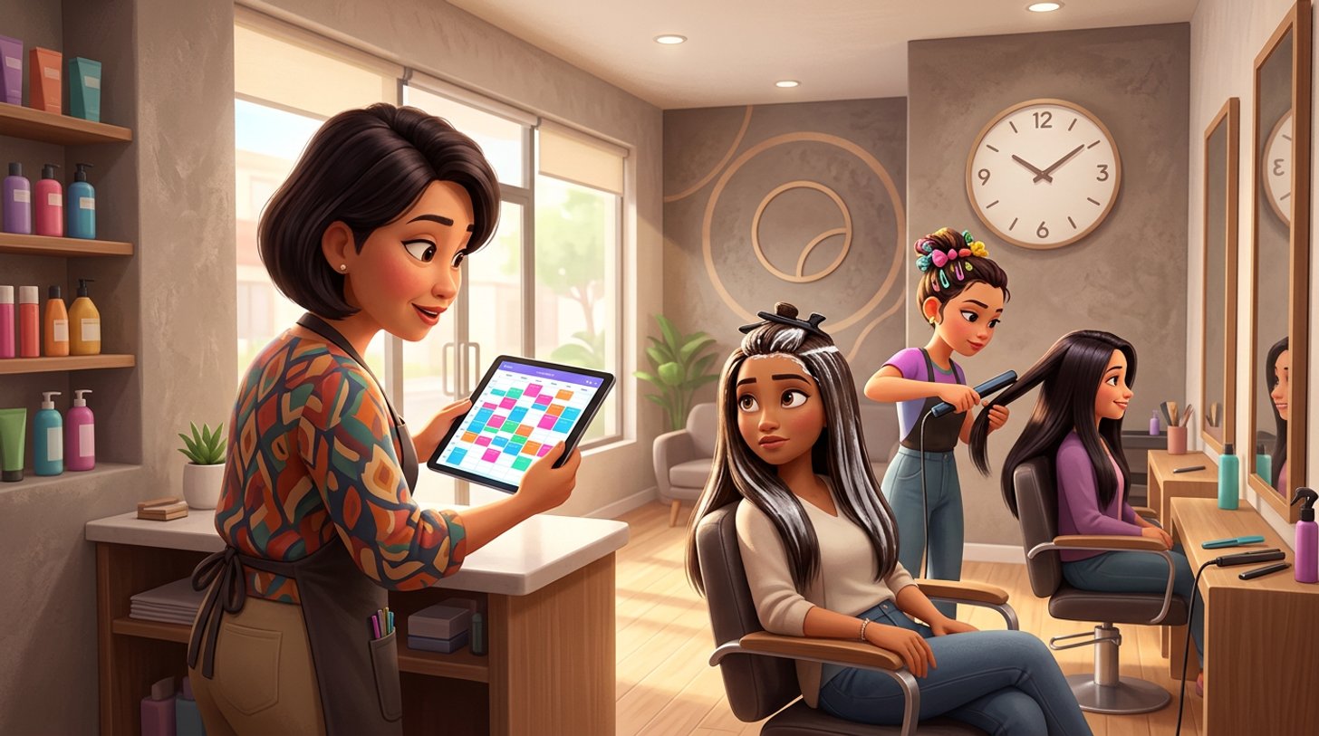 A Malaysian salon owner studies a wall of colour-coded appointment blocks on a tablet while one client sits with straightening cream processing and a stylist flat-irons another client's long hair nearby