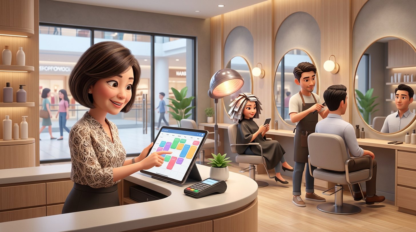 A Singapore salon owner rearranges colour-coded appointment blocks on a tablet while a client with highlight foils waits under a processing lamp and a stylist gives a quick trim in the next chair