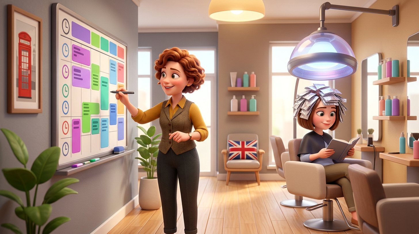 A salon owner studies a wall planner made of coloured time blocks while a client with foil highlights waits under a heat lamp in a bright British hair salon