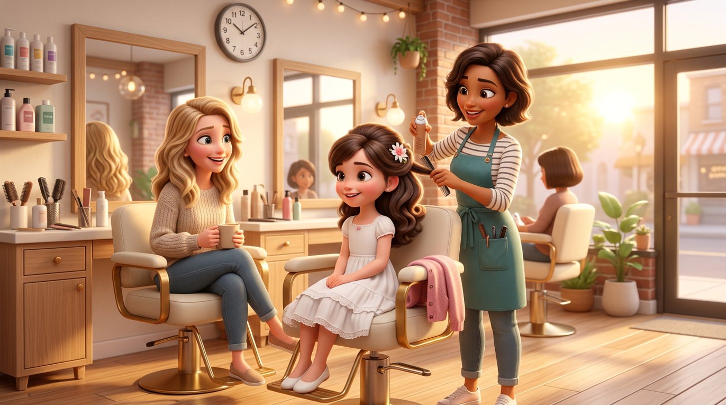 Illustration of a young girl in a white communion dress having soft curls finished in an Irish hair salon at eight in the morning, her mother freshly styled in the next chair
