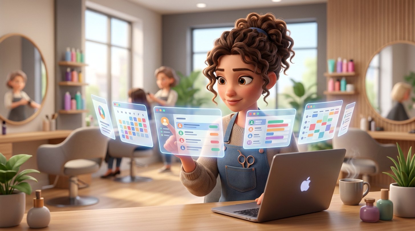 Illustration d'une coiffeuse à son bureau comparant plusieurs fenêtres d'applications flottant au-dessus de son ordinateur portable, des ciseaux dans la poche de son tablier