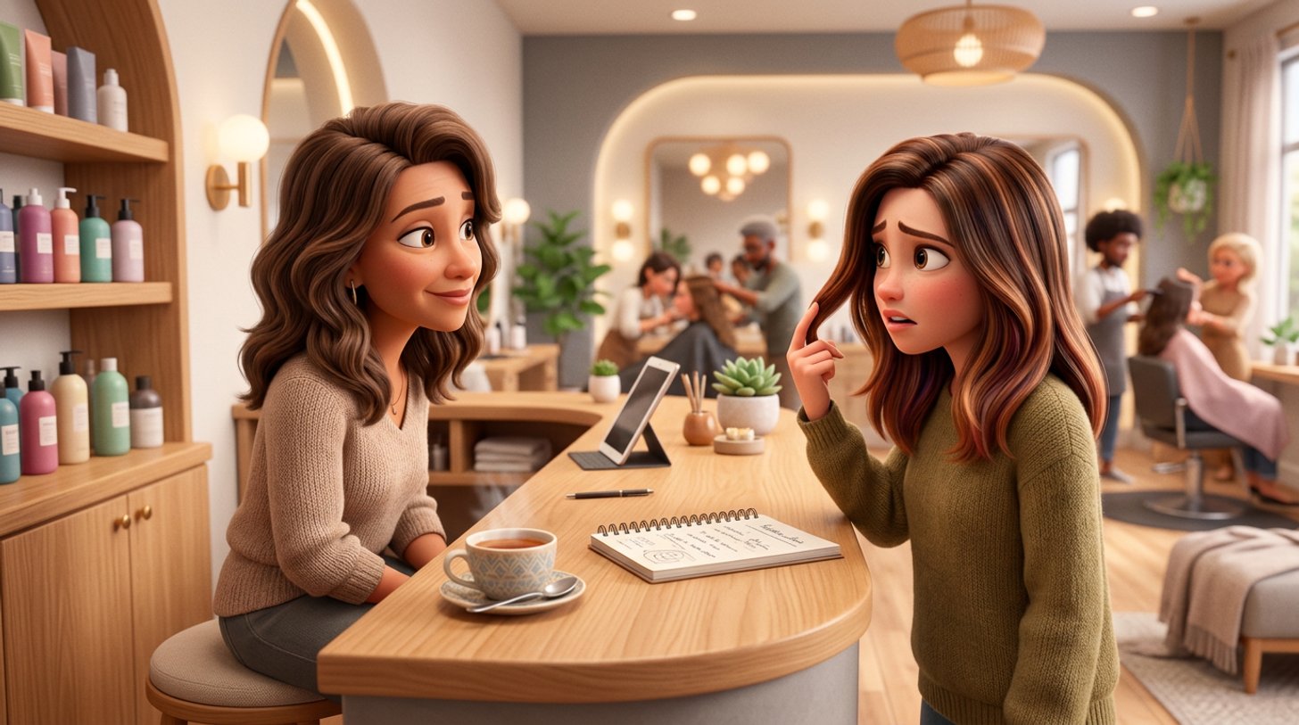 Illustration of a hair salon owner listening calmly at the reception desk to a client pointing at her freshly coloured hair
