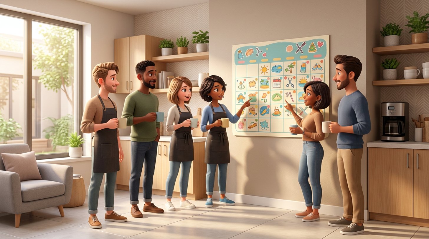 Une équipe de coiffeurs détendus, café à la main, consulte un grand calendrier mural des congés dans la salle de pause d'un salon de coiffure