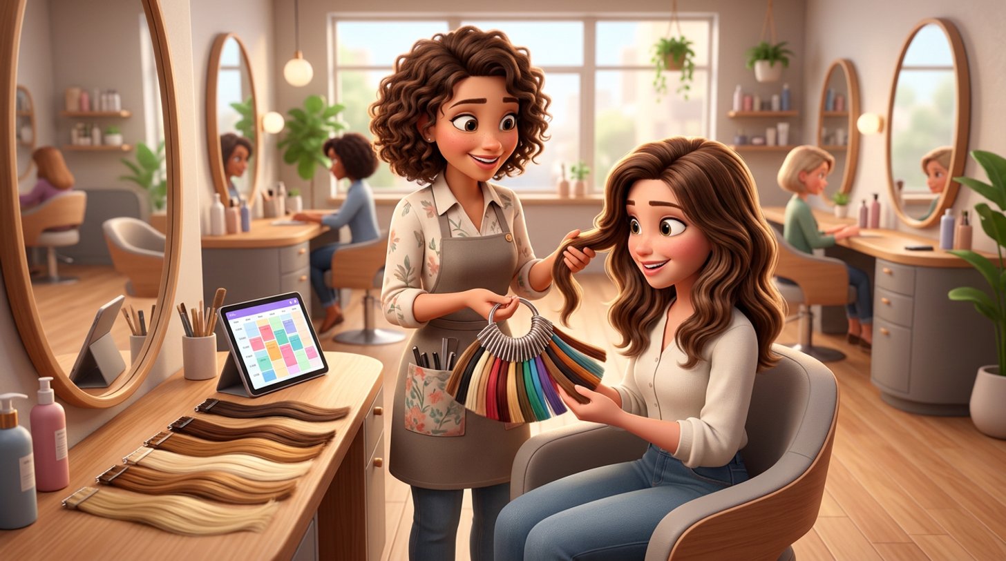 A hair stylist examines a seated client's long hair in a bright American salon while holding a color swatch ring, extension wefts displayed on the counter beside them