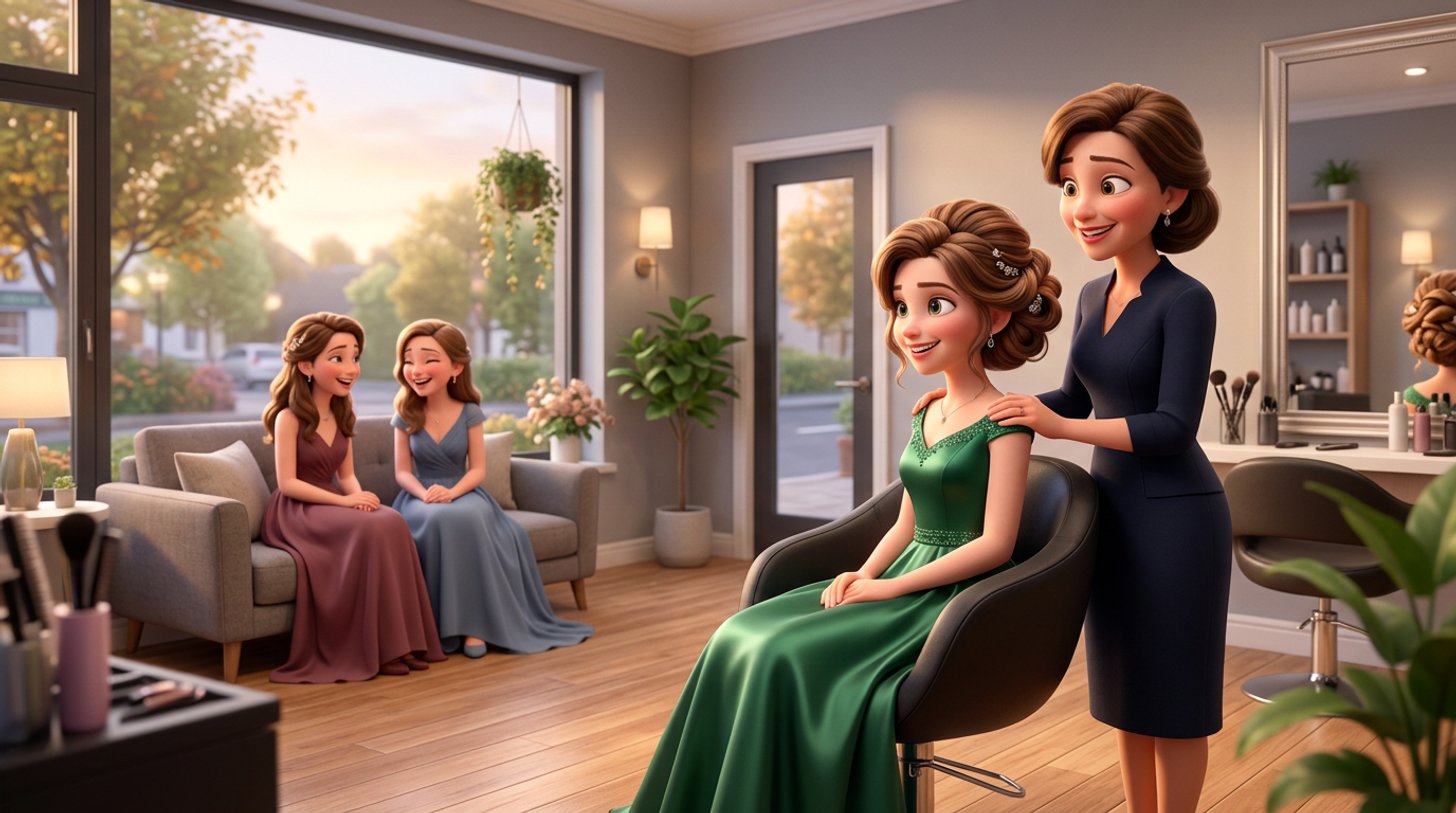 A teenage client in a debs gown checks her finished upstyle in the salon mirror while her mother watches proudly and two friends in formal dresses wait on the salon sofa
