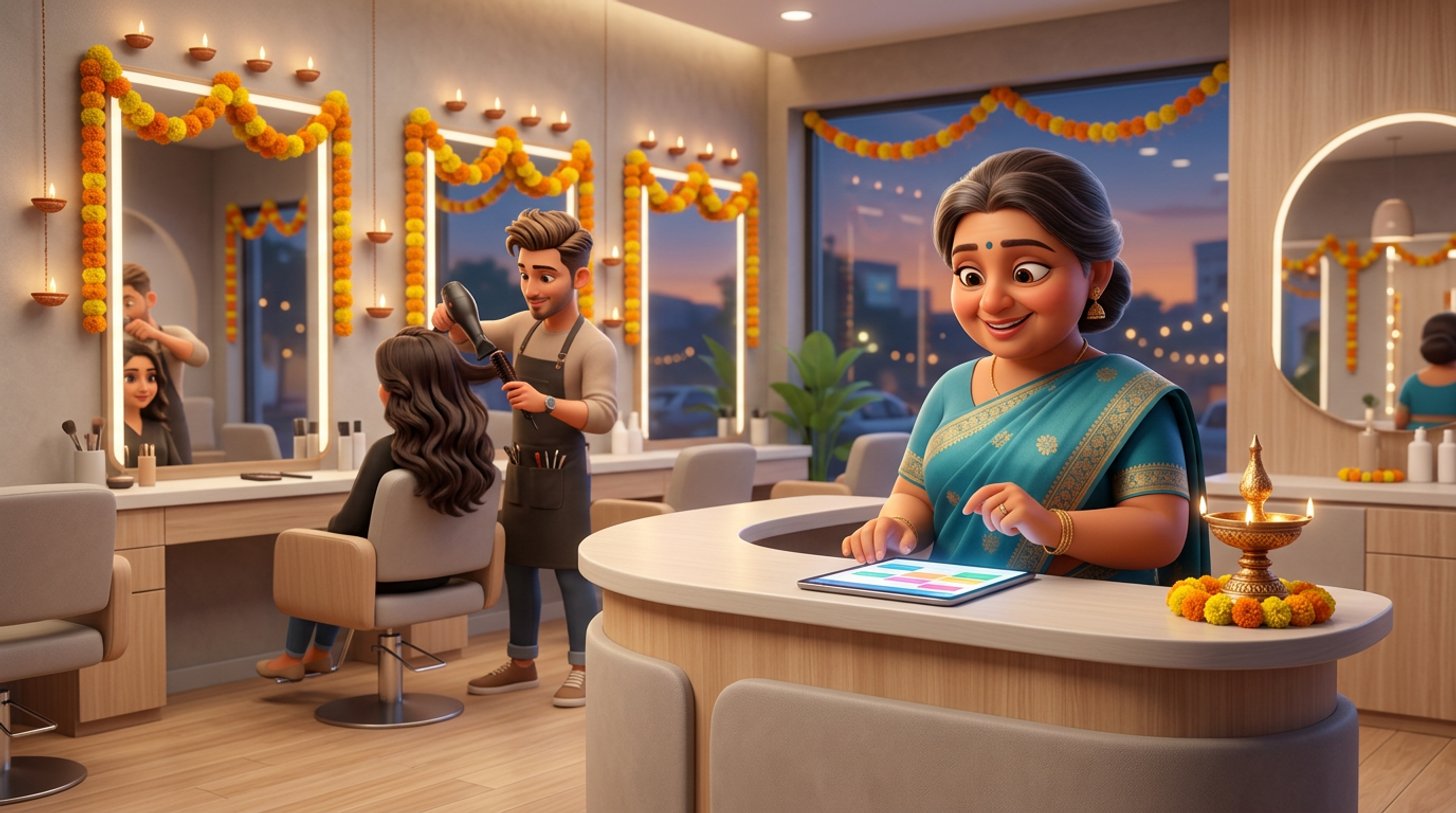A Malaysian hair salon owner in a saree reviews a busy booking calendar on a tablet at the reception desk while a stylist finishes a client's hair, oil lamps and marigold garlands decorating the salon for Deepavali