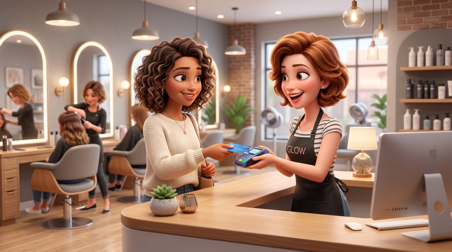 A client taps her bank card on a small card reader at a bright hair salon front desk while the receptionist smiles behind a tablet