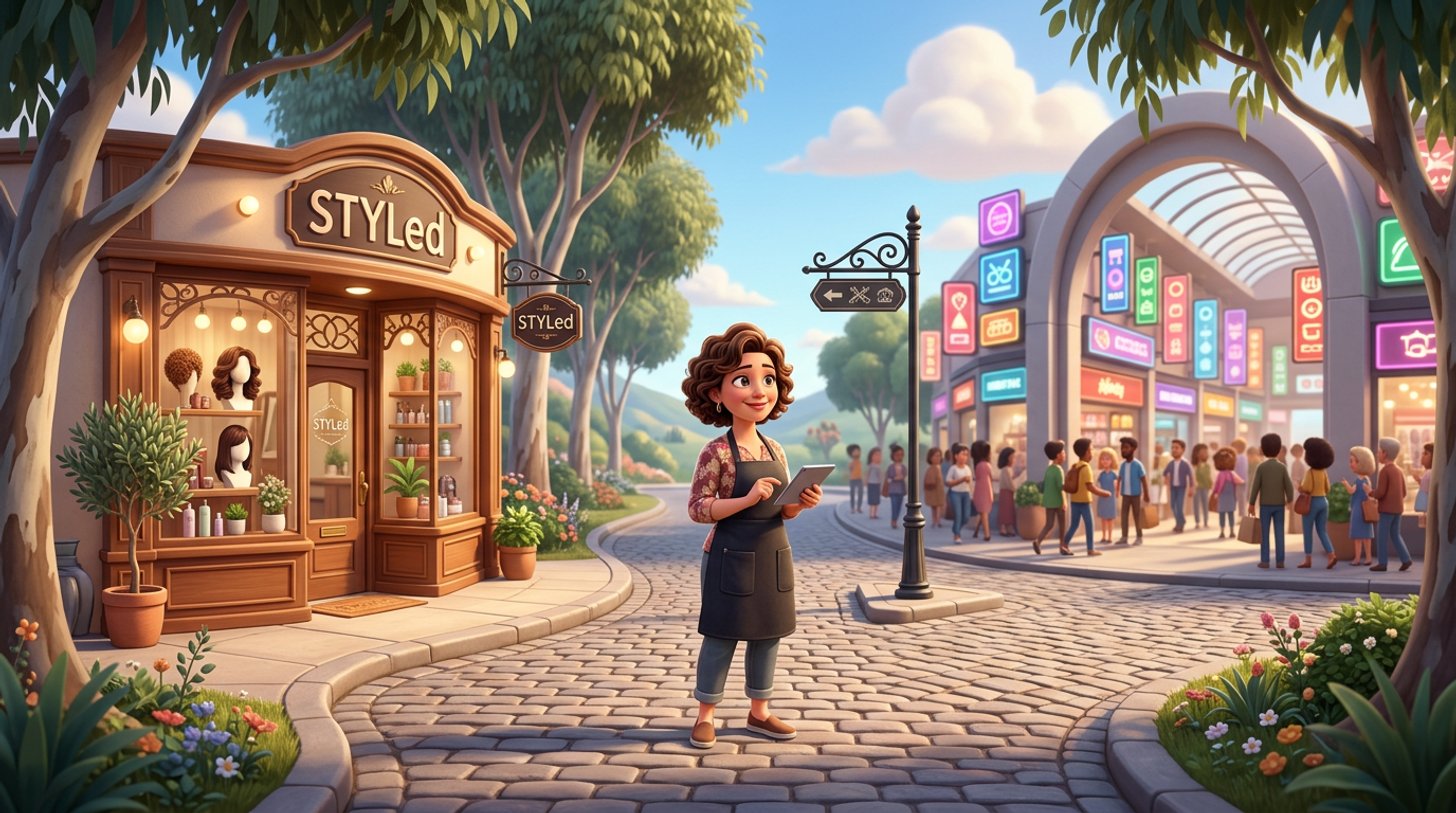 Illustration of an Australian hair salon owner standing at a fork in a sunny street, her own salon storefront on one side and a large anonymous shopping centre entrance on the other