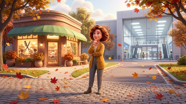 Illustration of a hair salon owner at a fork in the street between her own salon storefront and a large anonymous shopping mall entrance, red maple leaves drifting across the pavement