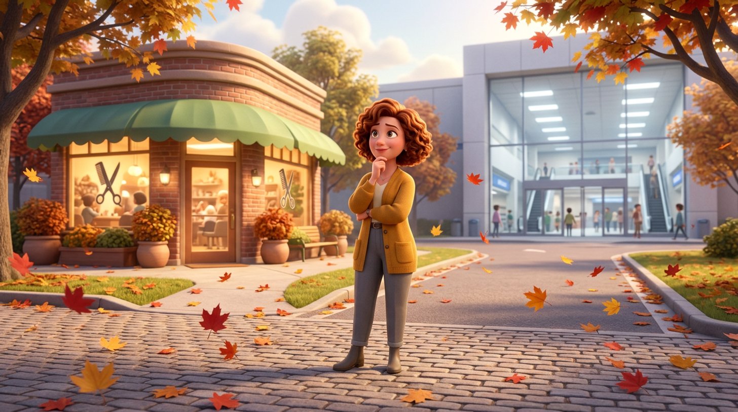Illustration of a hair salon owner at a fork in the street between her own salon storefront and a large anonymous shopping mall entrance, red maple leaves drifting across the pavement