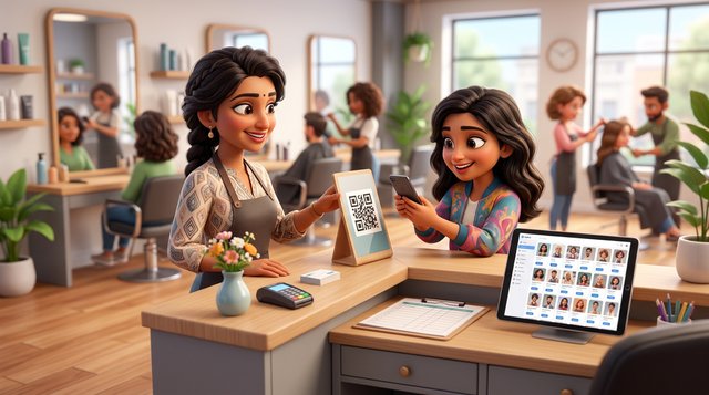 Illustration of an Indian hair salon owner at her reception desk pointing a client's phone towards the salon's own booking QR code while a crowded marketplace app glows on a tablet beside her