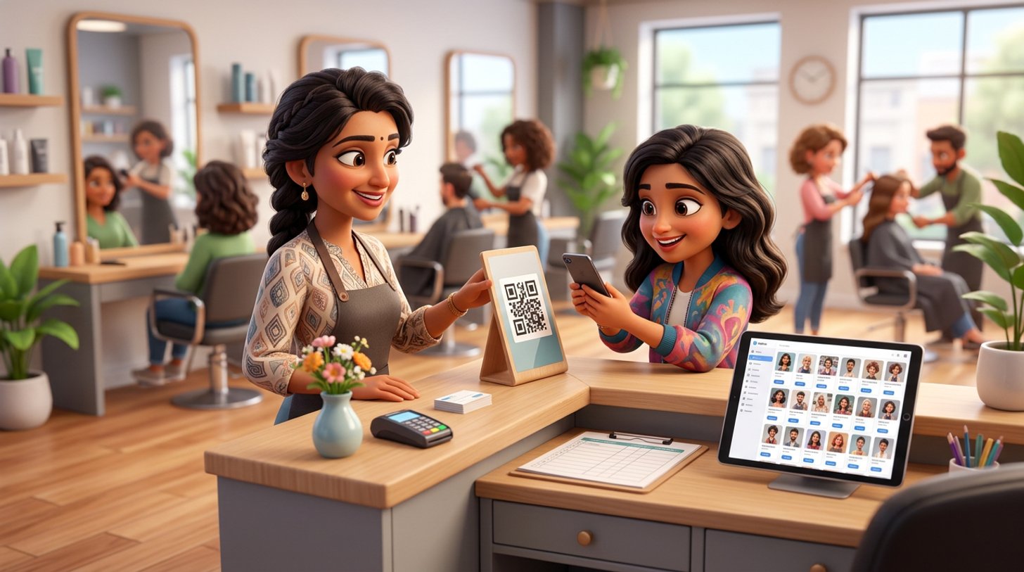 Illustration of an Indian hair salon owner at her reception desk pointing a client's phone towards the salon's own booking QR code while a crowded marketplace app glows on a tablet beside her