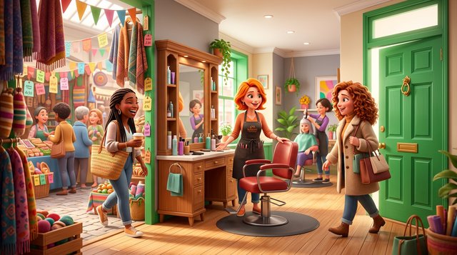 Illustration of two clients reaching the same styling chair in an Irish hair salon, one walking straight through the salon's own green Georgian front door and the other winding through a crowded market stall hung with price tags
