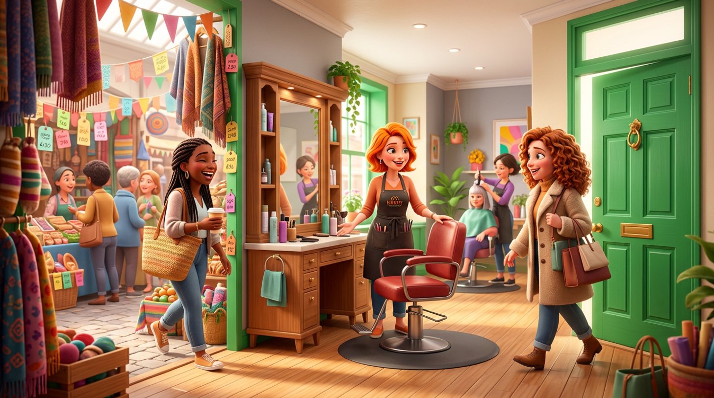 Illustration of two clients reaching the same styling chair in an Irish hair salon, one walking straight through the salon's own green Georgian front door and the other winding through a crowded market stall hung with price tags