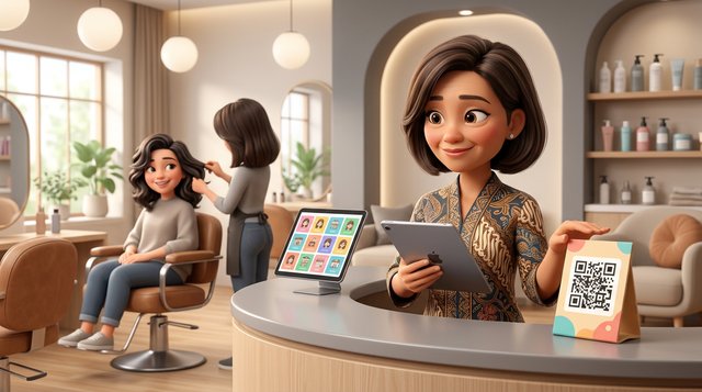 Illustration of a Malaysian hair salon owner at her reception desk weighing two signs, one showing a crowded app storefront and one showing her salon's own QR code