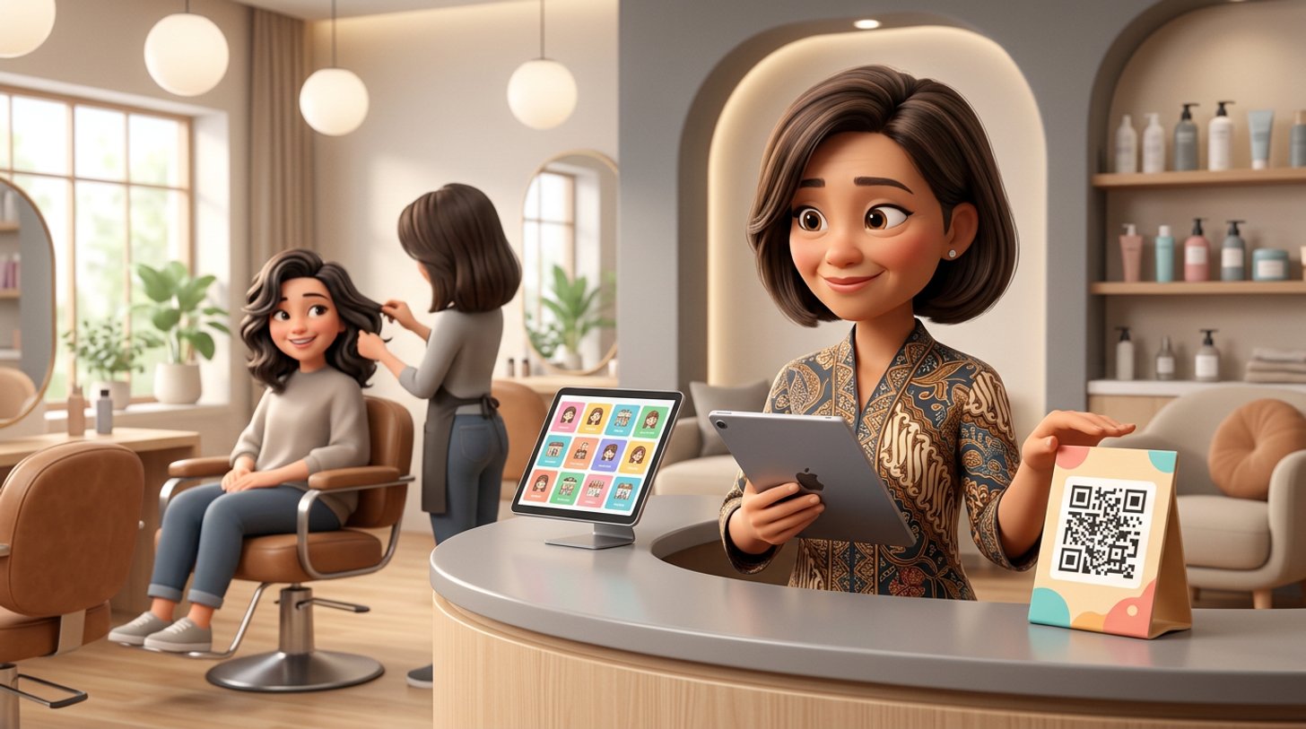 Illustration of a Malaysian hair salon owner at her reception desk weighing two signs, one showing a crowded app storefront and one showing her salon's own QR code