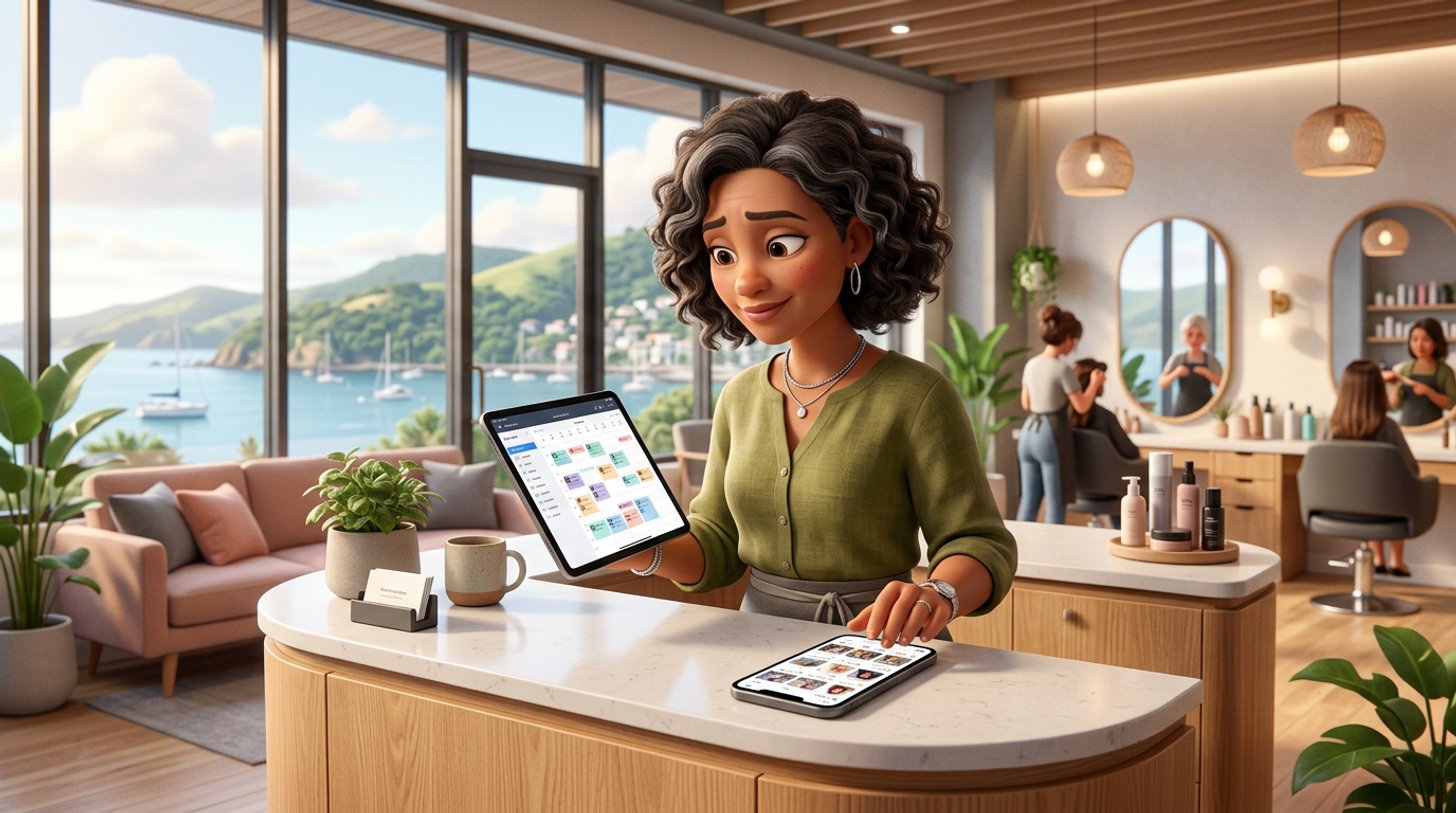 Illustration of a New Zealand hair salon owner at her reception desk weighing two signposts, one pointing to her own salon booking page and one to a crowded marketplace app