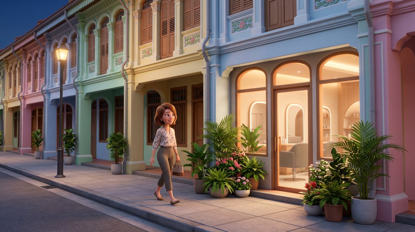 Illustration of a client walking along a row of near-identical Singapore shophouse storefronts towards one warmly lit independent hair salon that stands out from the rest