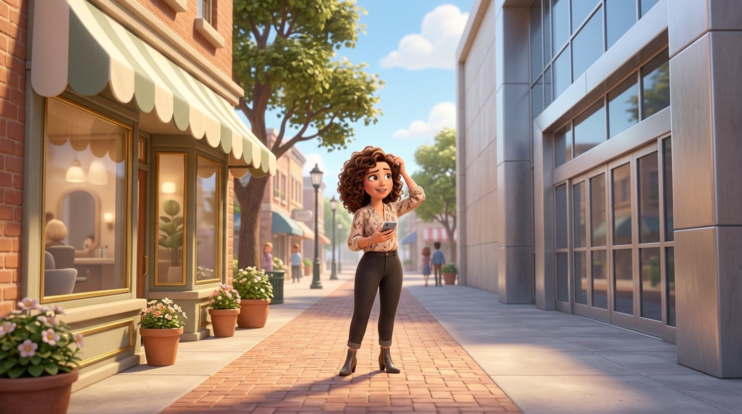 Illustration of a hair salon owner on a sunny American main street, choosing between her own salon storefront with a striped awning and a large anonymous mall entrance