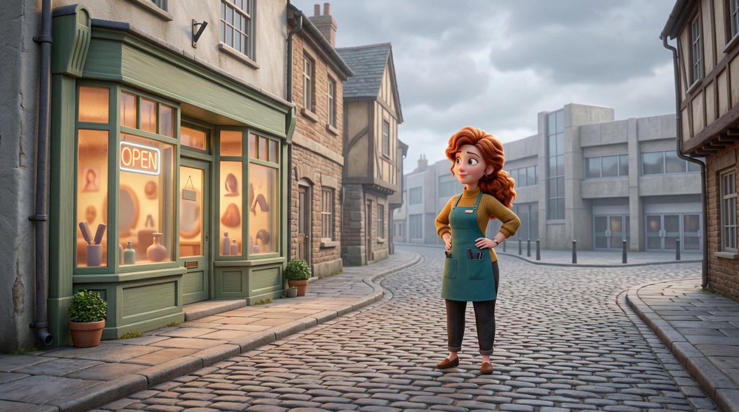 Illustration of a hairdresser standing outside her salon at a fork in the road, one path leading to her own shopfront and the other to a large anonymous shopping centre