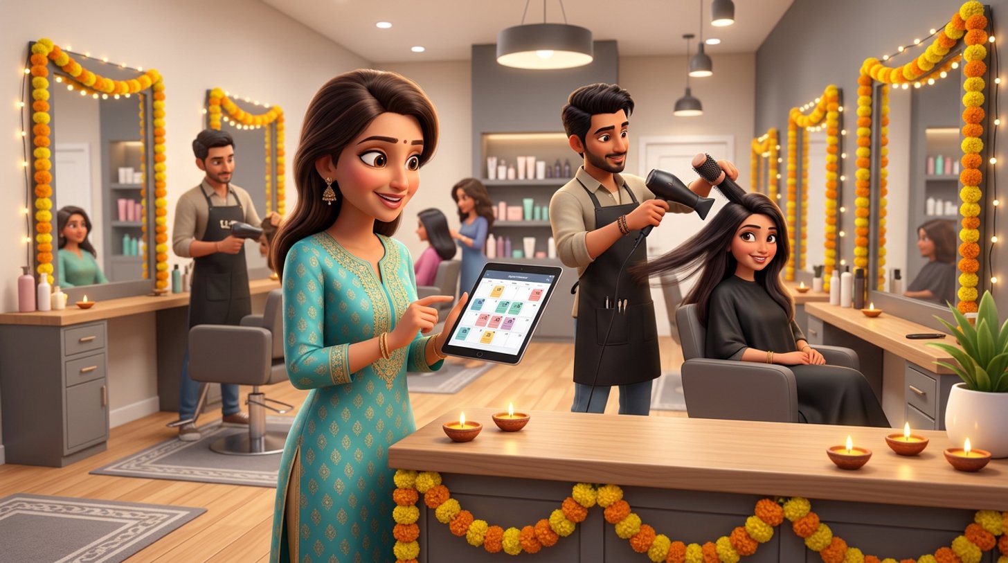 An Indian hair salon owner checks a full booking calendar on a tablet at the reception desk while a stylist finishes a client's hair, marigold garlands and oil lamps decorating the salon for Diwali