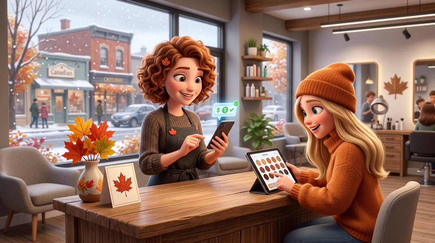 A Canadian hair stylist at the salon reception smiles at a deposit notification on her phone while a client books a colour appointment, autumn maple leaves visible through the window