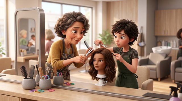 Une coiffeuse expérimentée montre un geste de coupe aux ciseaux à une jeune apprentie qui s'exerce sur une tête d'exercice, dans un salon de coiffure lumineux