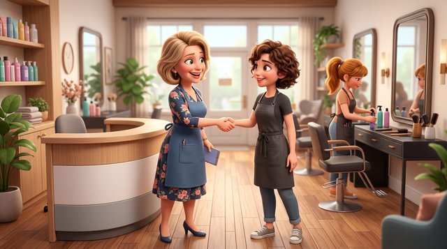 Illustration d'une propriétaire de salon de coiffure qui accueille une nouvelle coiffeuse en lui serrant la main, pendant qu'une collègue prépare un poste de travail
