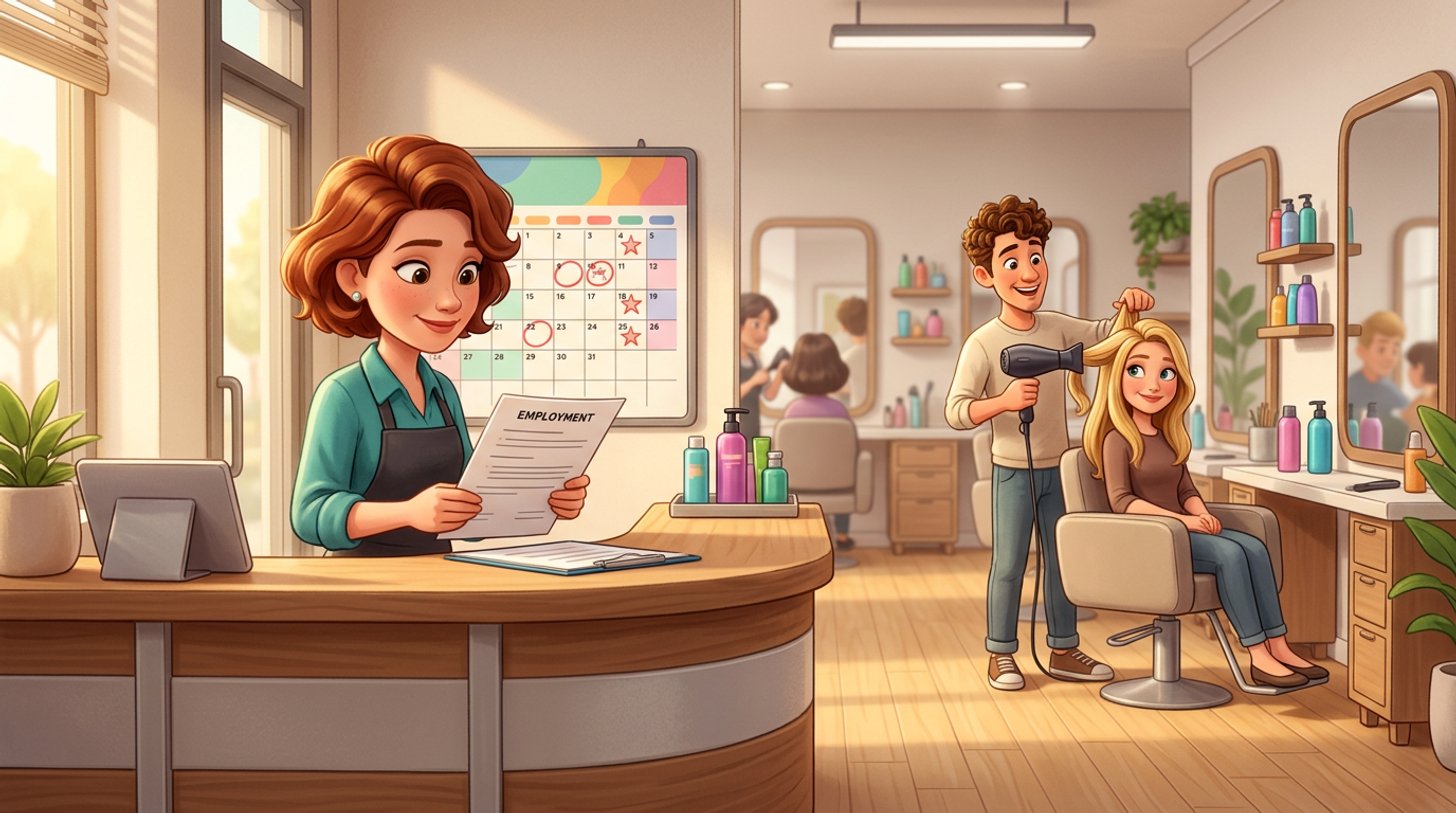 A hair salon owner at the reception desk studies an employment contract next to a wall calendar with dates circled, while a stylist works on a client behind her