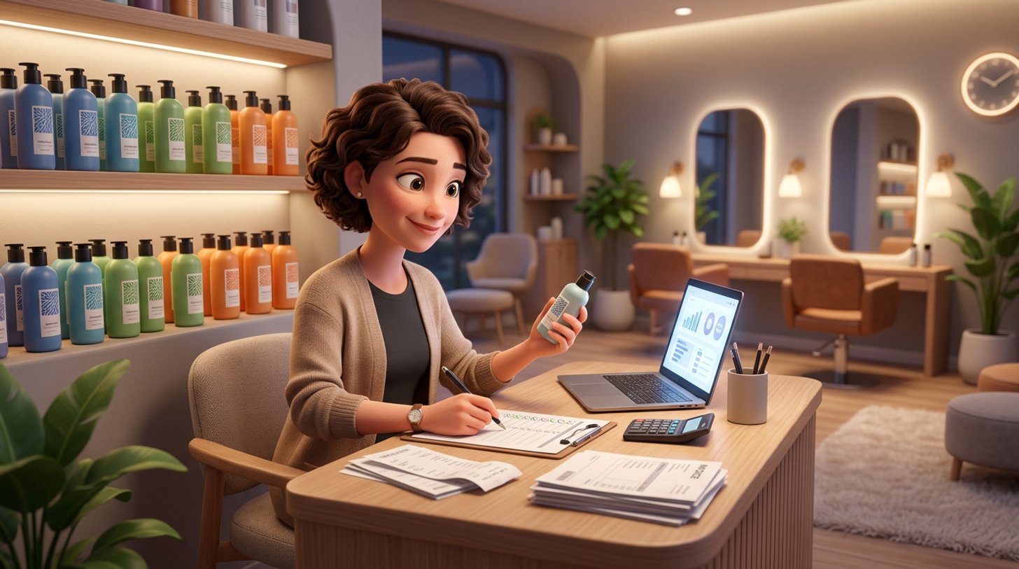 A hair salon owner counts retail shampoo bottles against a clipboard checklist at her reception desk after closing, with a calculator, laptop and tidy piles of receipts beside her