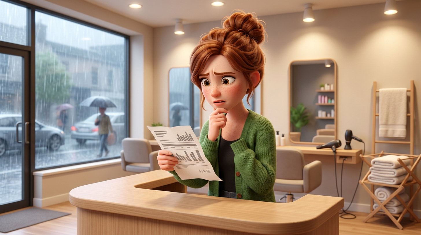An Irish hair salon owner studies an electricity bill at the reception desk while hairdryers rest at the styling stations and towels dry on a rack behind her